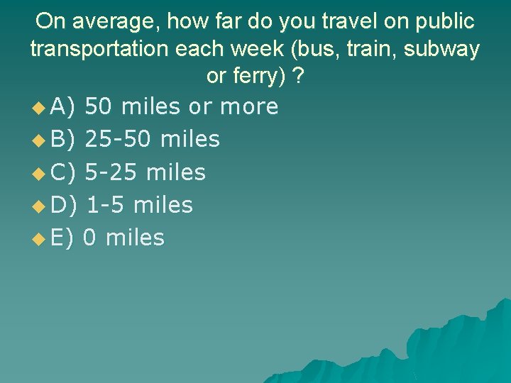 On average, how far do you travel on public transportation each week (bus, train,