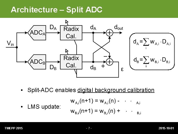 Architecture – Split ADC • Split-ADC enables digital background calibration • LMS update: TWEPP