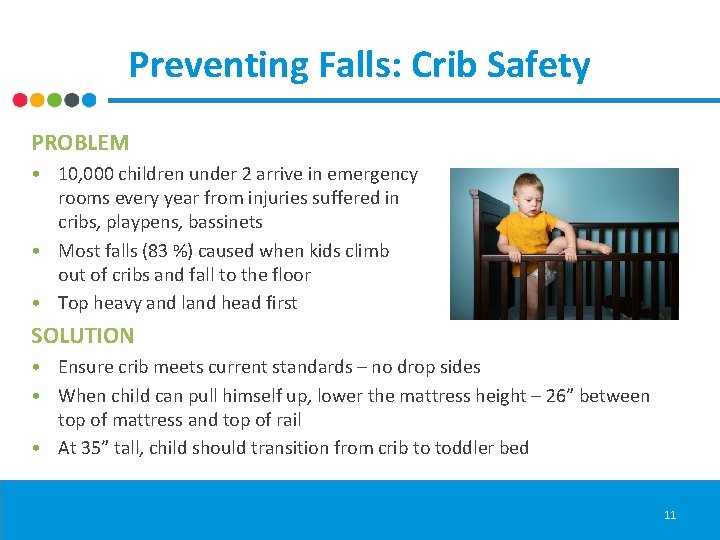 Preventing Falls: Crib Safety PROBLEM • 10, 000 children under 2 arrive in emergency