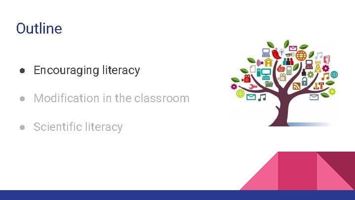 Outline ● Encouraging literacy ● Modification in the classroom ● Scientific literacy 