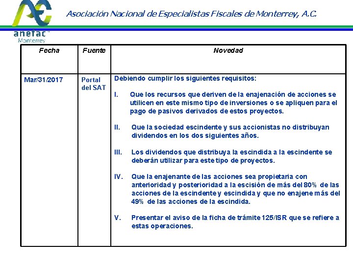 Asociación Nacional de Especialistas Fiscales de Monterrey, A. C. Fecha Mar/31/2017 Fuente Portal del