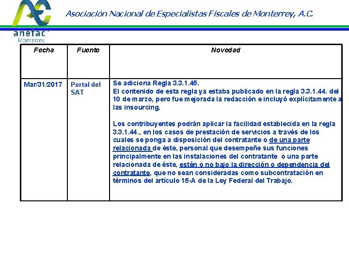 Asociación Nacional de Especialistas Fiscales de Monterrey, A. C. Fecha Mar/31/2017 Fuente Portal del