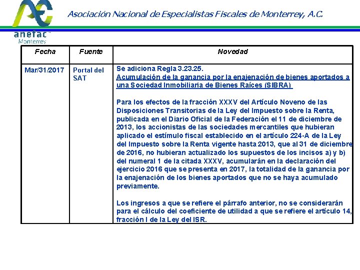 Asociación Nacional de Especialistas Fiscales de Monterrey, A. C. Fecha Mar/31/2017 Fuente Portal del Asociación Nacional de Especialistas Fiscales de Monterrey, A. C. Fecha Mar/31/2017 Fuente Portal del