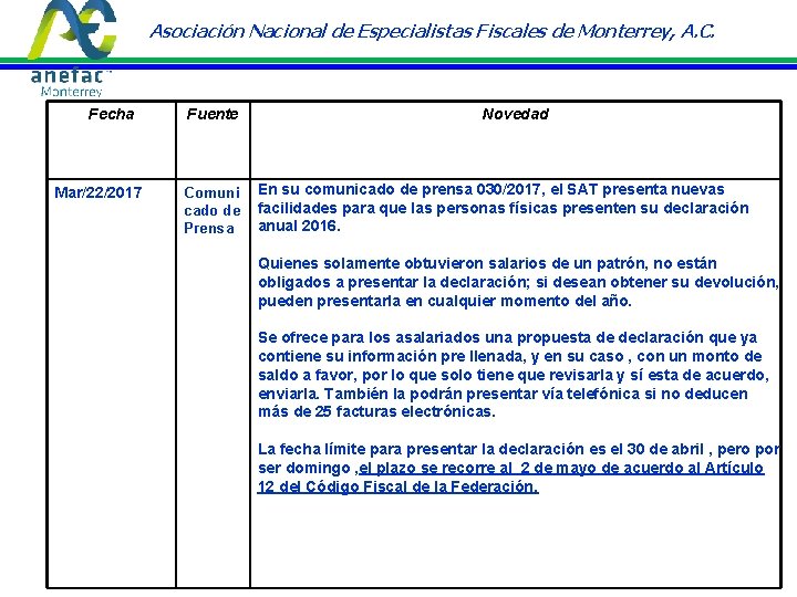 Asociación Nacional de Especialistas Fiscales de Monterrey, A. C. Fecha Mar/22/2017 Fuente Comuni cado