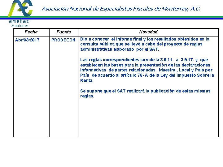 Asociación Nacional de Especialistas Fiscales de Monterrey, A. C. Fecha Abr/03/2017 Fuente PRODECON Novedad