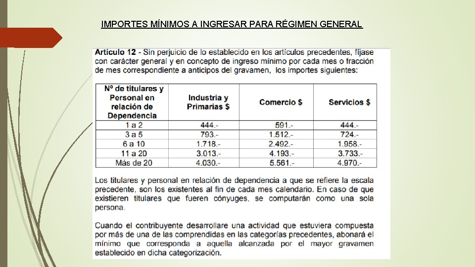 IMPORTES MÍNIMOS A INGRESAR PARA RÉGIMEN GENERAL 