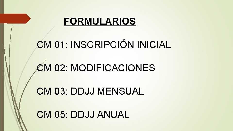 FORMULARIOS CM 01: INSCRIPCIÓN INICIAL CM 02: MODIFICACIONES CM 03: DDJJ MENSUAL CM 05: