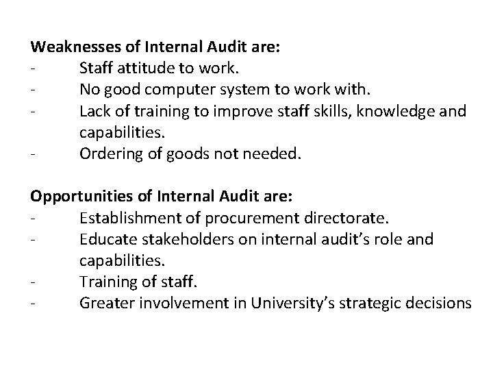 Weaknesses of Internal Audit are: Staff attitude to work. No good computer system to