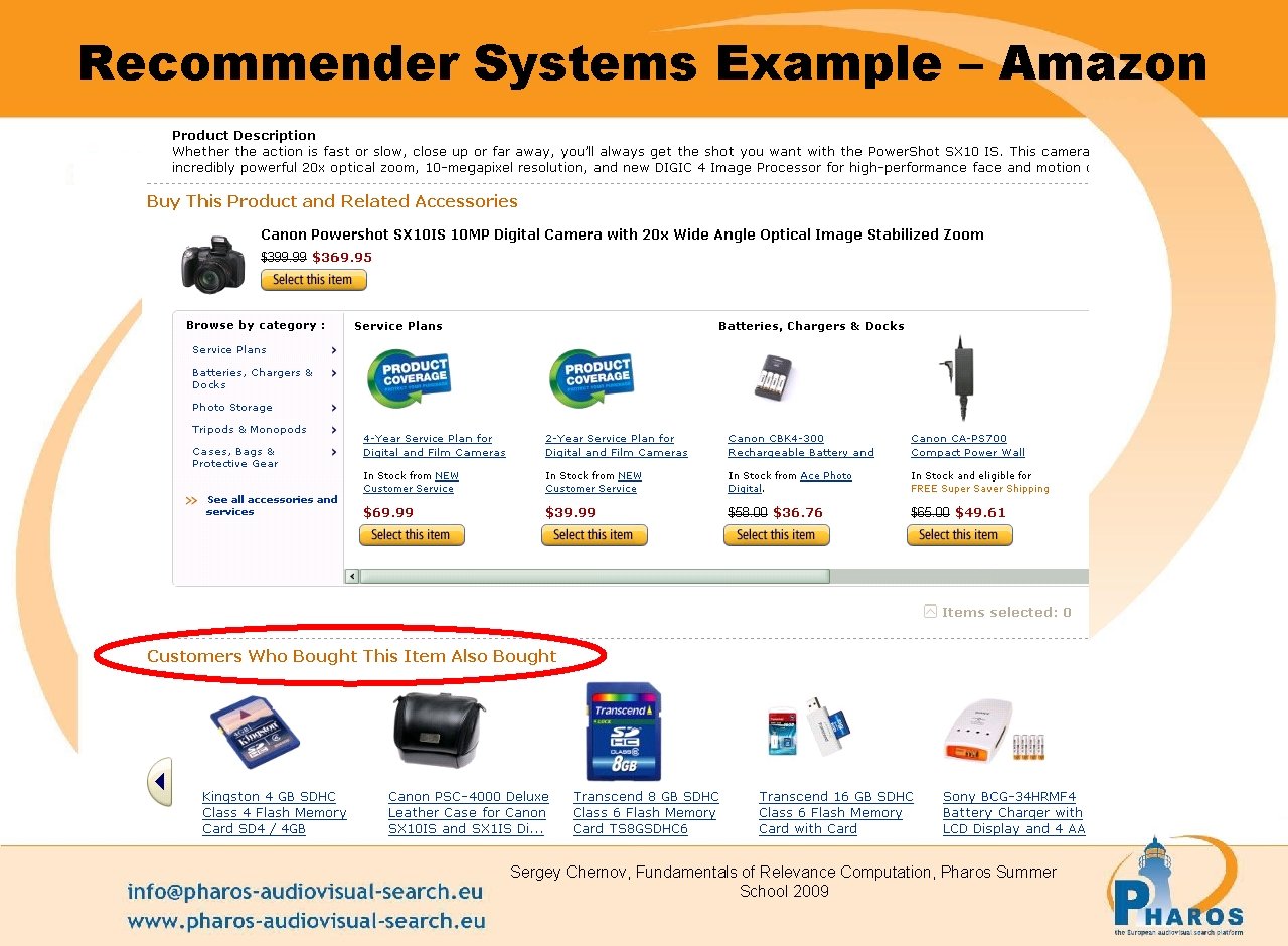 Recommender Systems Example – Amazon Sergey Chernov, Fundamentals of Relevance Computation, Pharos Summer School