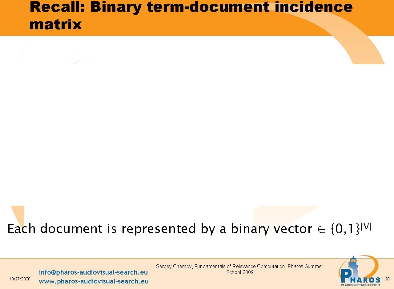 Recall: Binary term-document incidence matrix Each document is represented by a binary vector ∈