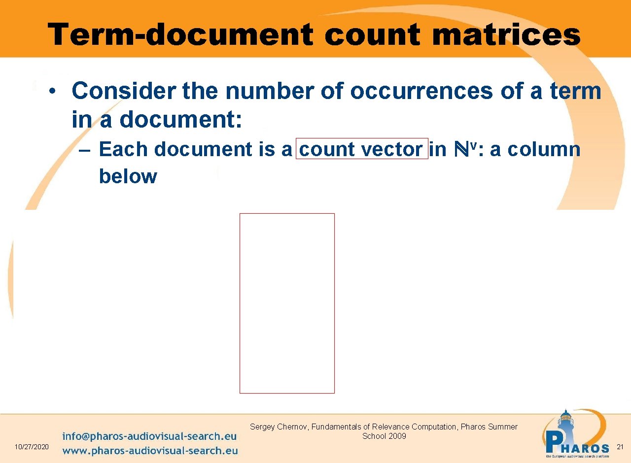 Term-document count matrices • Consider the number of occurrences of a term in a