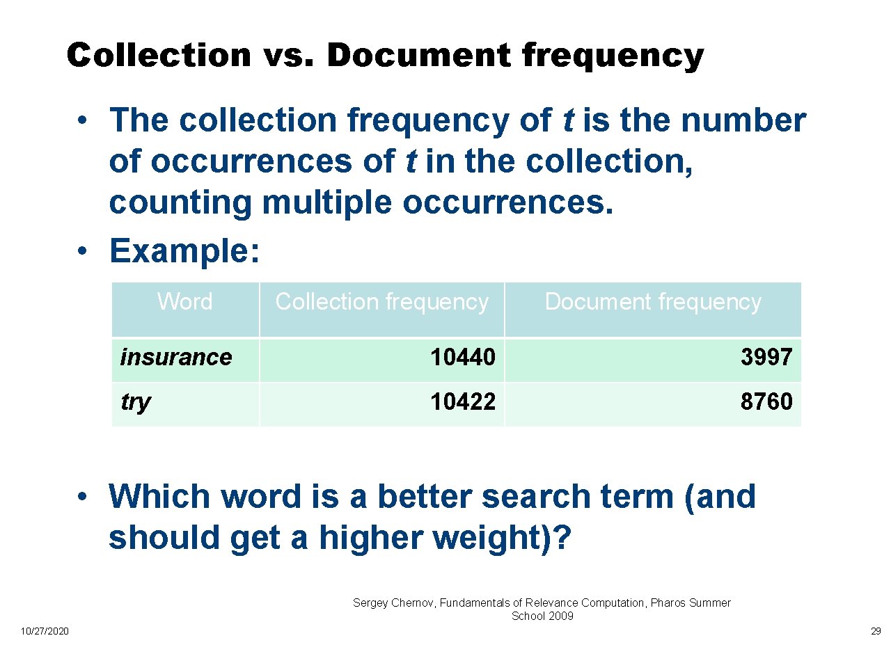 Collection vs. Document frequency • The collection frequency of t is the number of