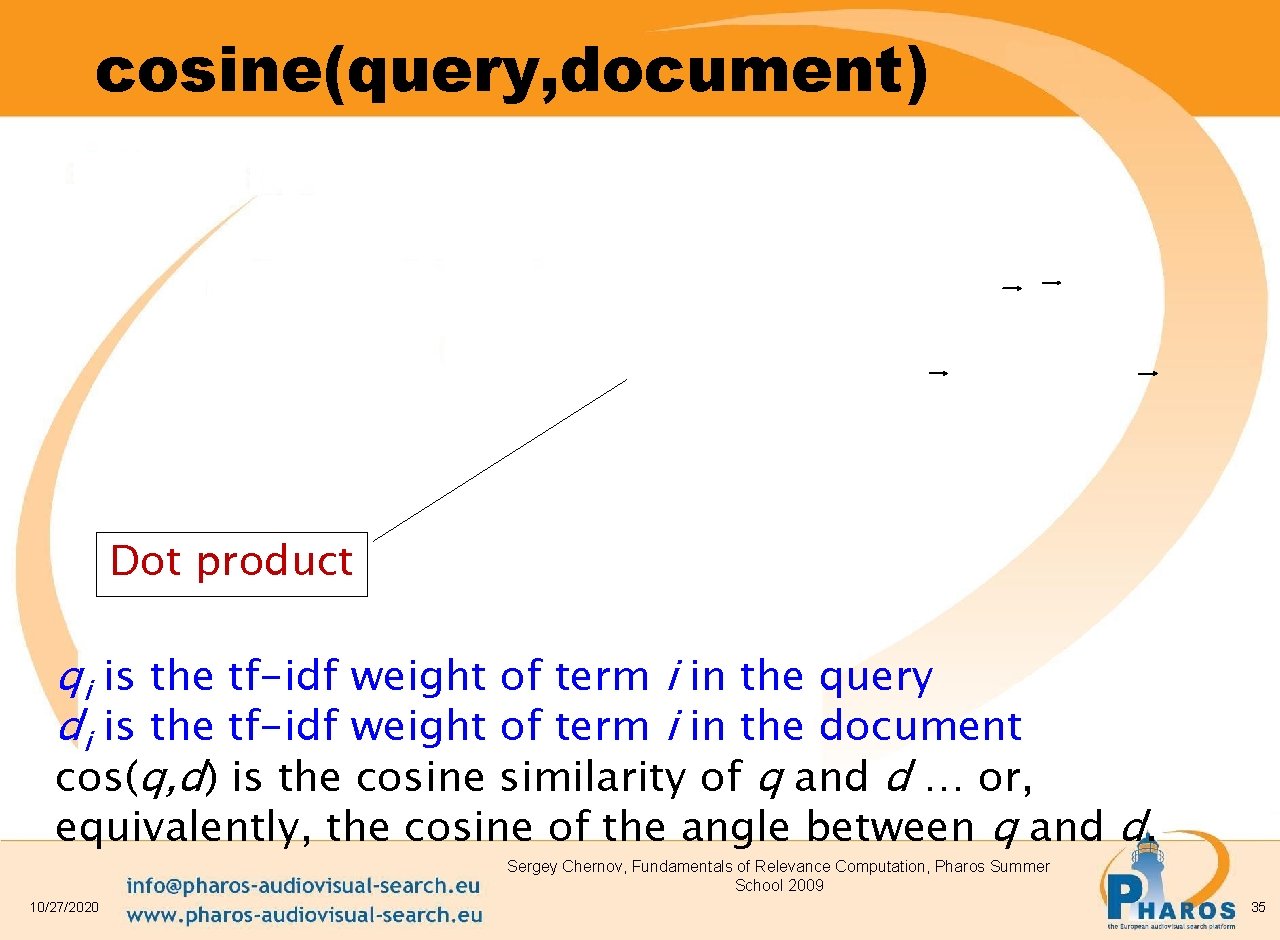 cosine(query, document) Dot product qi is the tf-idf weight of term i in the