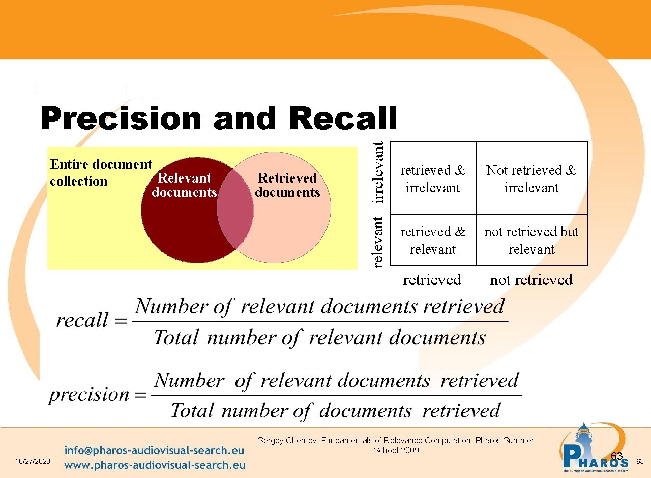Entire document Relevant collection documents Retrieved documents relevant irrelevant Precision and Recall retrieved &