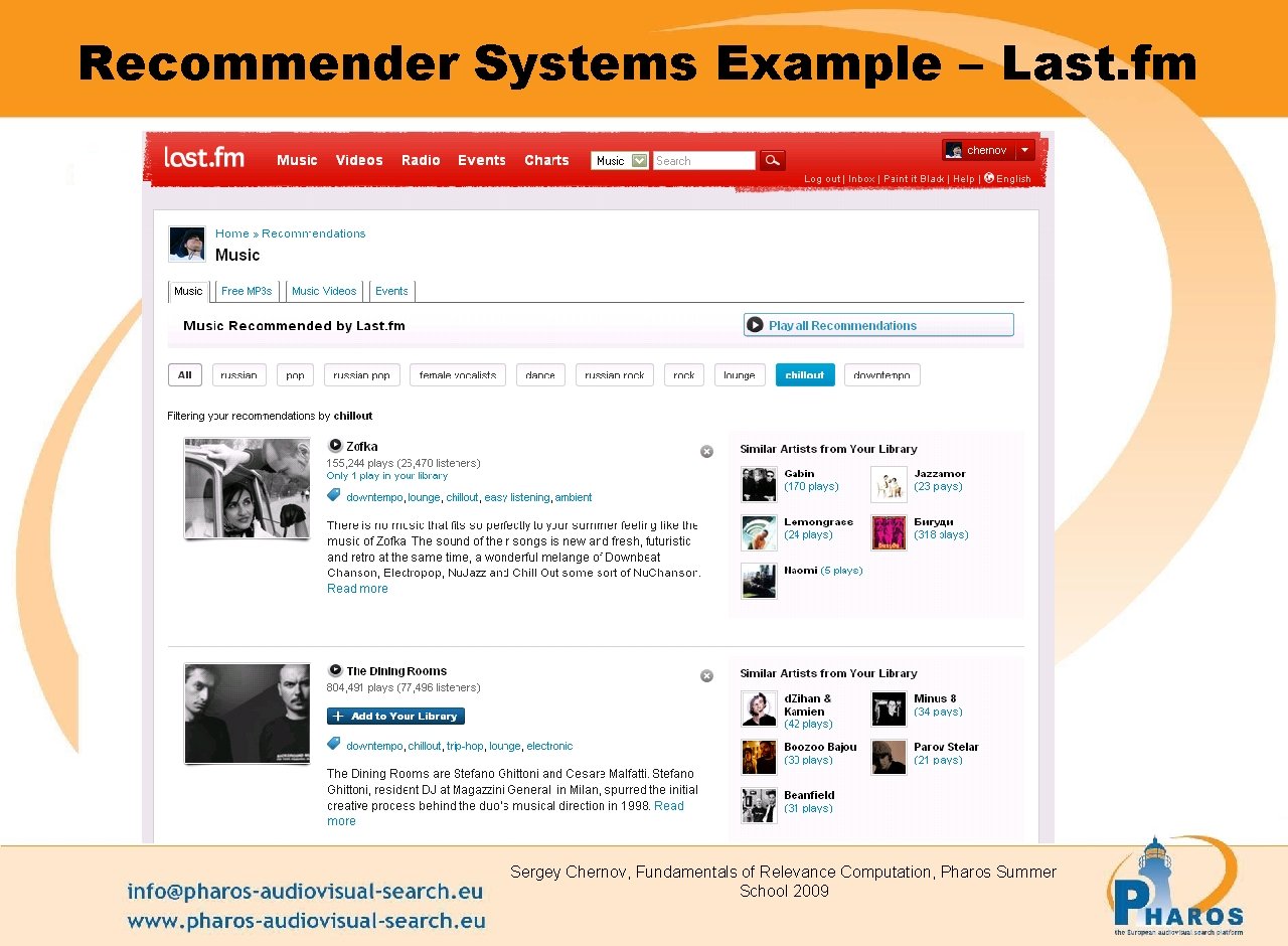 Recommender Systems Example – Last. fm Sergey Chernov, Fundamentals of Relevance Computation, Pharos Summer
