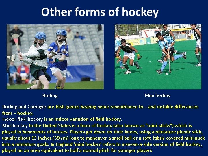 Hurling Mini hockey Hurling and Camogie are Irish games bearing some resemblance to –