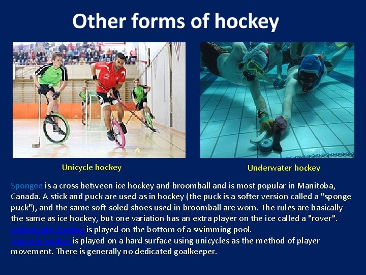 Unicycle hockey Underwater hockey Spongee is a cross between ice hockey and broomball and