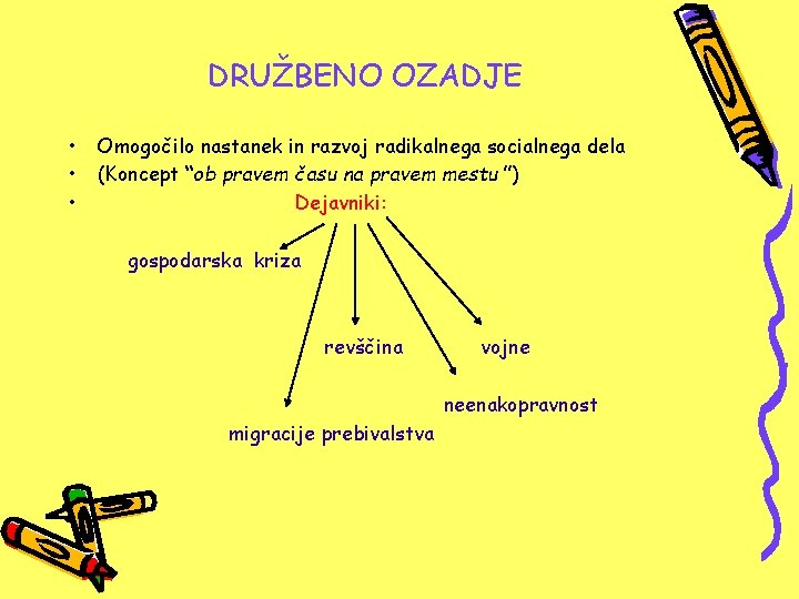 DRUŽBENO OZADJE • • • Omogočilo nastanek in razvoj radikalnega socialnega dela (Koncept “ob