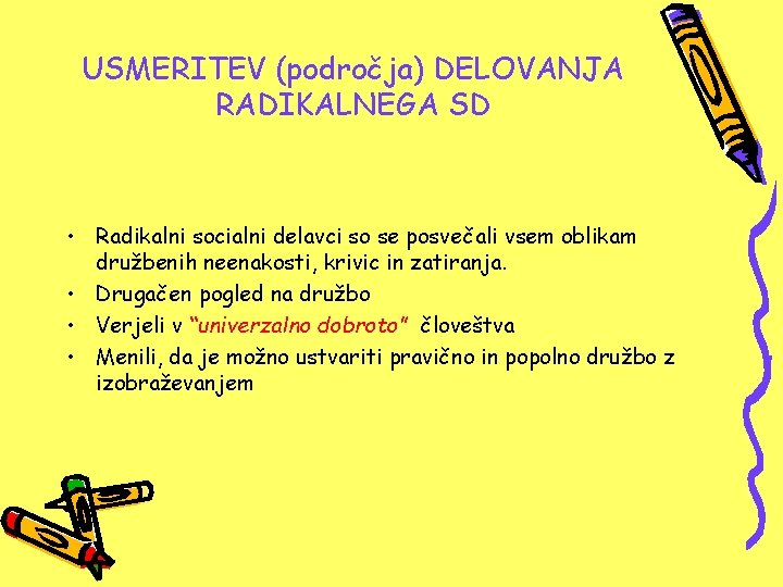 USMERITEV (področja) DELOVANJA RADIKALNEGA SD • Radikalni socialni delavci so se posvečali vsem oblikam