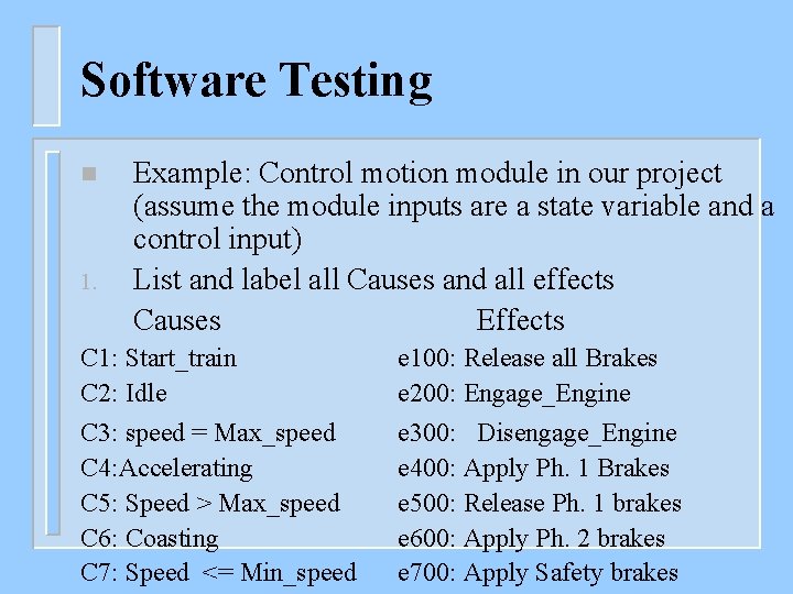 Software Testing n 1. Example: Control motion module in our project (assume the module