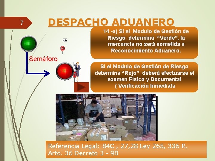 7 DESPACHO ADUANERO 14 -a) Si el Modulo de Gestión de Riesgo determina “Verde”,