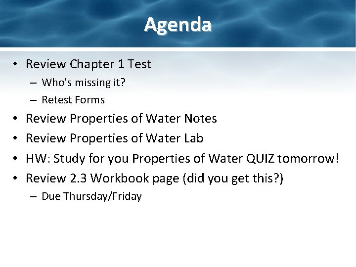 Agenda • Review Chapter 1 Test – Who’s missing it? – Retest Forms •