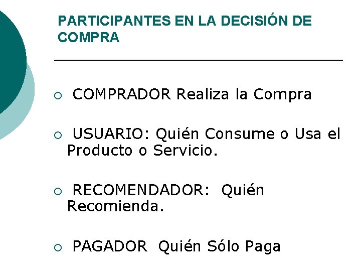 PARTICIPANTES EN LA DECISIÓN DE COMPRA ¡ ¡ COMPRADOR Realiza la Compra USUARIO: Quién