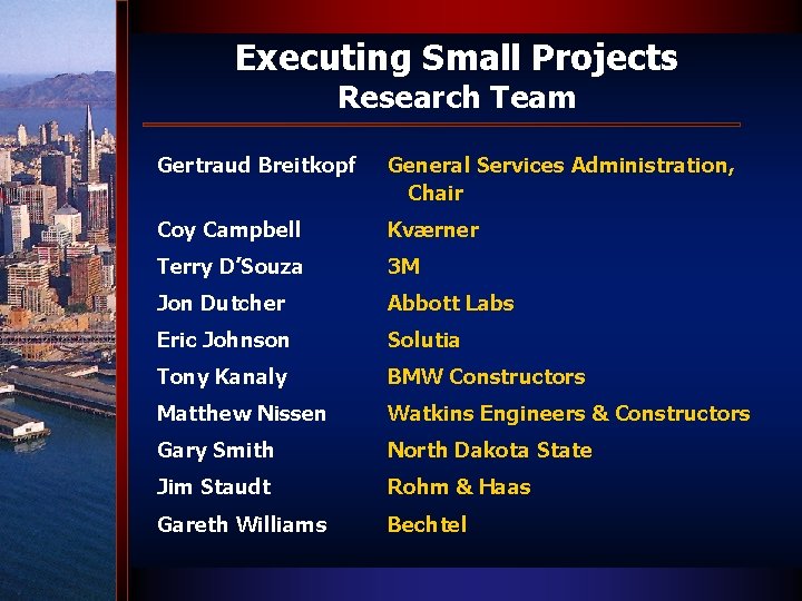 Executing Small Projects Research Team Gertraud Breitkopf General Services Administration, Chair Coy Campbell Kværner