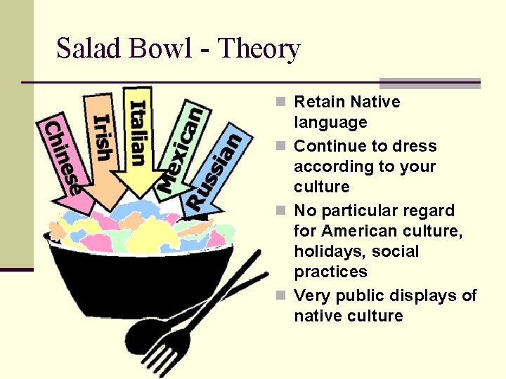 Salad Bowl - Theory n Retain Native language n Continue to dress according to
