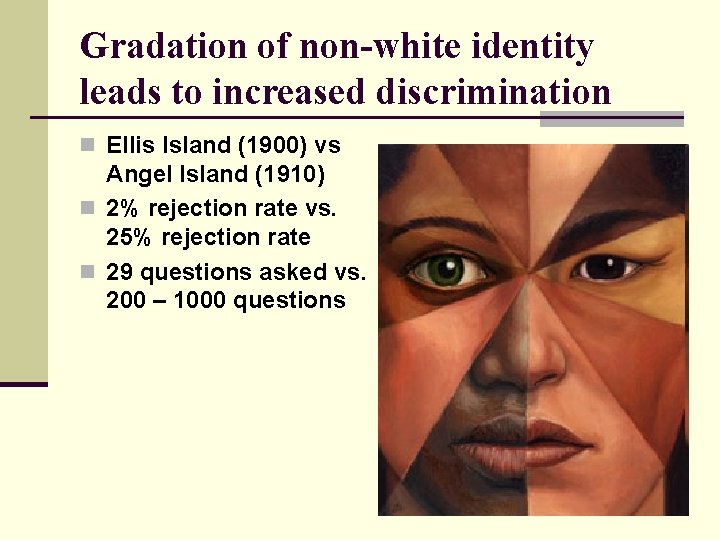 Gradation of non-white identity leads to increased discrimination n Ellis Island (1900) vs Angel