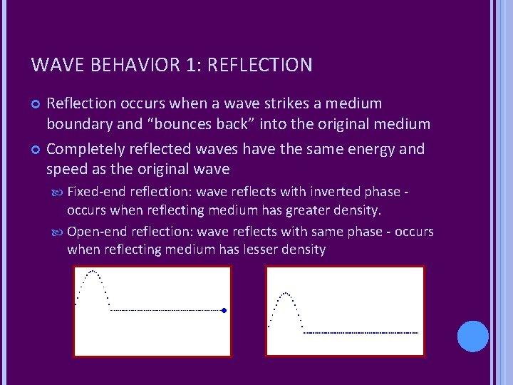 WAVE BEHAVIOR 1: REFLECTION Reflection occurs when a wave strikes a medium boundary and