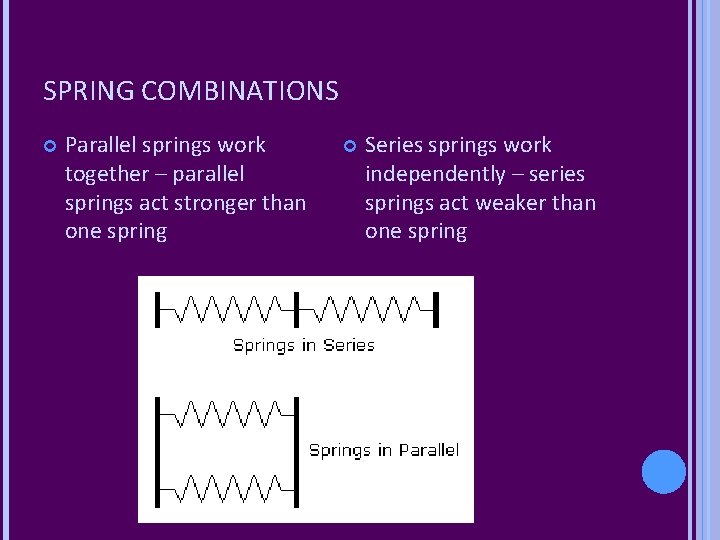 SPRING COMBINATIONS Parallel springs work together – parallel springs act stronger than one spring