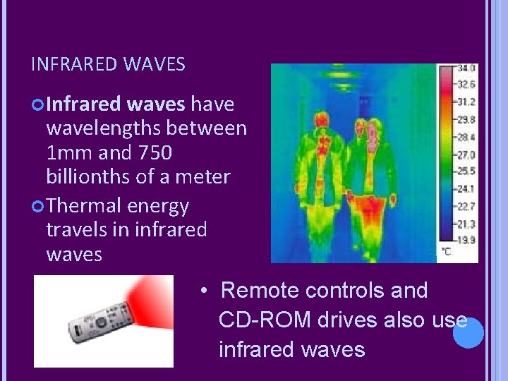 INFRARED WAVES Infrared waves have wavelengths between 1 mm and 750 billionths of a