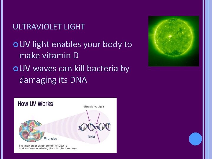 ULTRAVIOLET LIGHT UV light enables your body to make vitamin D UV waves can