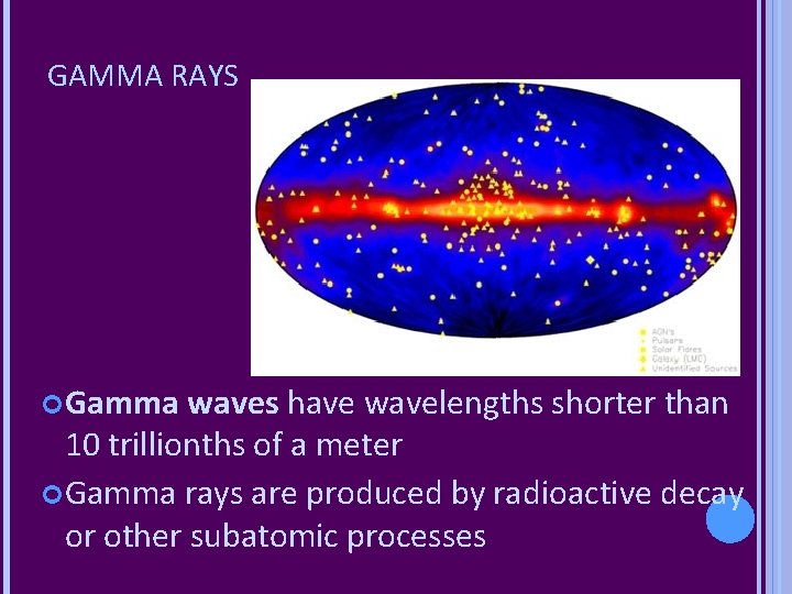 GAMMA RAYS Gamma waves have wavelengths shorter than 10 trillionths of a meter Gamma