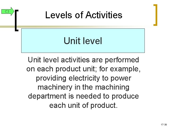 C 3 Levels of Activities Unit level activities are performed on each product unit; C 3 Levels of Activities Unit level activities are performed on each product unit;