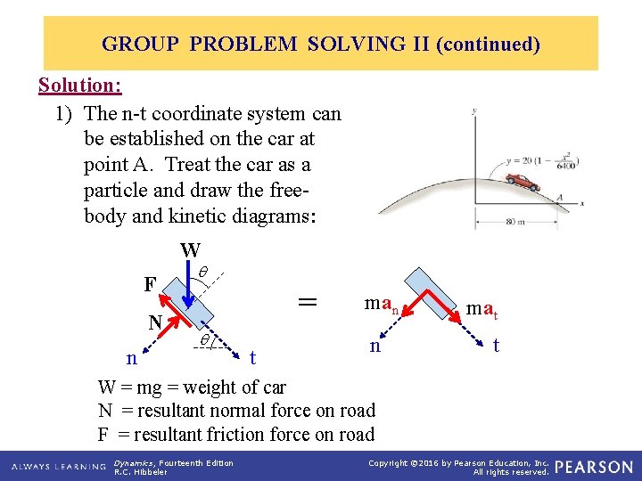GROUP PROBLEM SOLVING II (continued) Solution: 1) The n-t coordinate system can be established