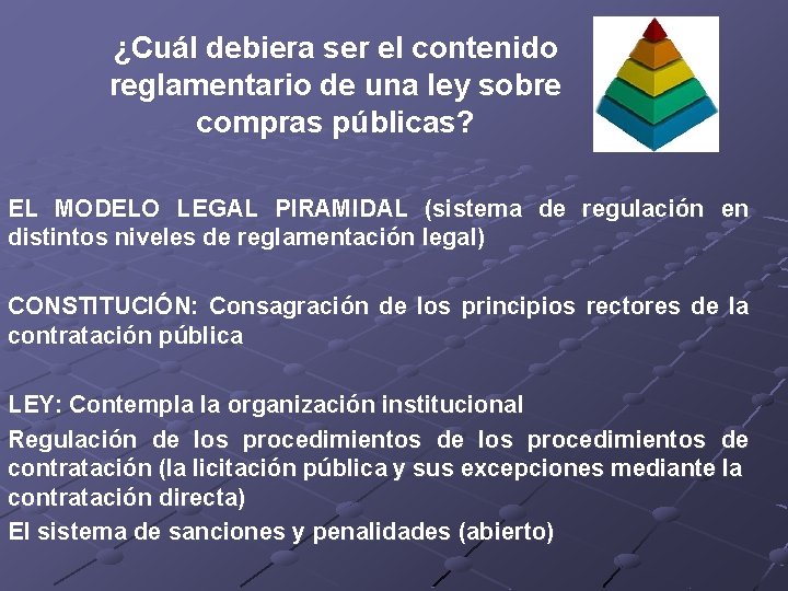 ¿Cuál debiera ser el contenido reglamentario de una ley sobre compras públicas? EL MODELO