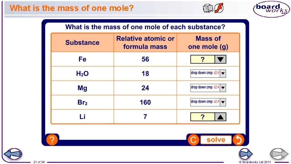 What is the mass of one mole? 21 of 34 © Boardworks Ltd 2011