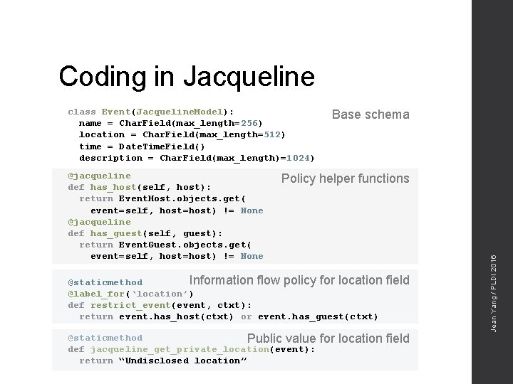 Coding in Jacqueline class Event(Jacqueline. Model): name = Char. Field(max_length=256) location = Char. Field(max_length=512)