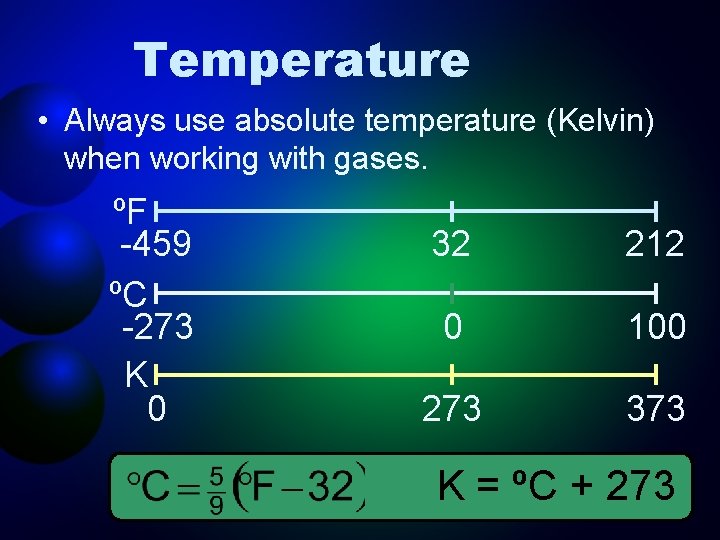 Temperature • Always use absolute temperature (Kelvin) when working with gases. ºF -459 ºC
