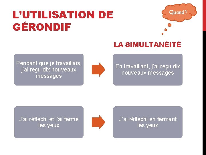 L’UTILISATION DE GÉRONDIF Quand? LA SIMULTANÉITÉ Pendant que je travaillais, j’ai reçu dix nouveaux