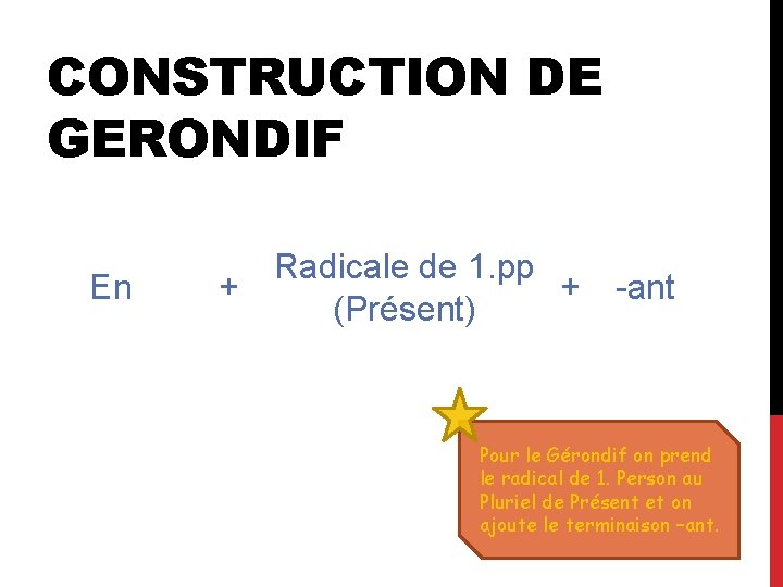CONSTRUCTION DE GERONDIF En + Radicale de 1. pp + (Présent) -ant Pour le