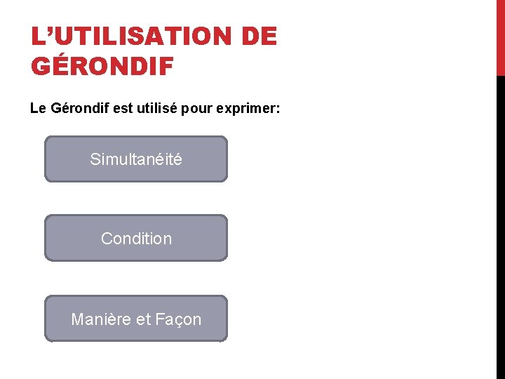 L’UTILISATION DE GÉRONDIF Le Gérondif est utilisé pour exprimer: Simultanéité Condition Manière et Façon