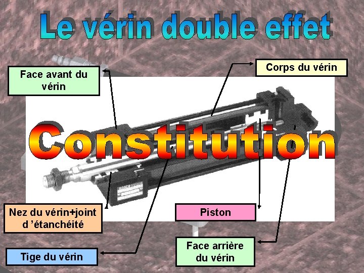 Corps du vérin Face avant du vérin Nez du vérin+joint d ’étanchéité Tige du