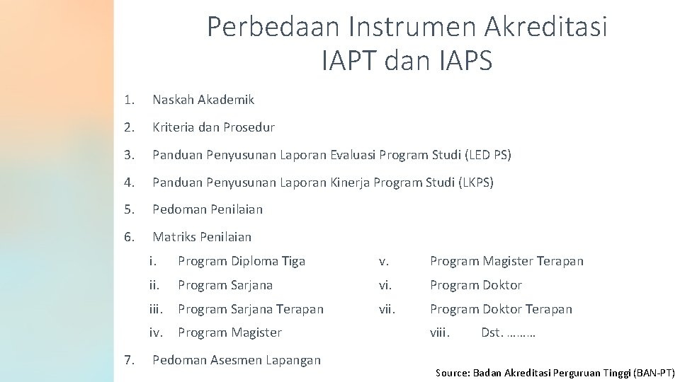 Perbedaan Instrumen Akreditasi IAPT dan IAPS 1. Naskah Akademik 2. Kriteria dan Prosedur 3.