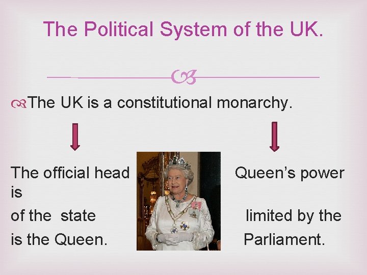 The Political System of the UK. The UK is a constitutional monarchy. The official
