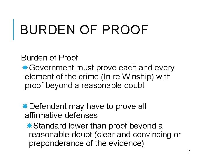 BURDEN OF PROOF Burden of Proof Government must prove each and every element of