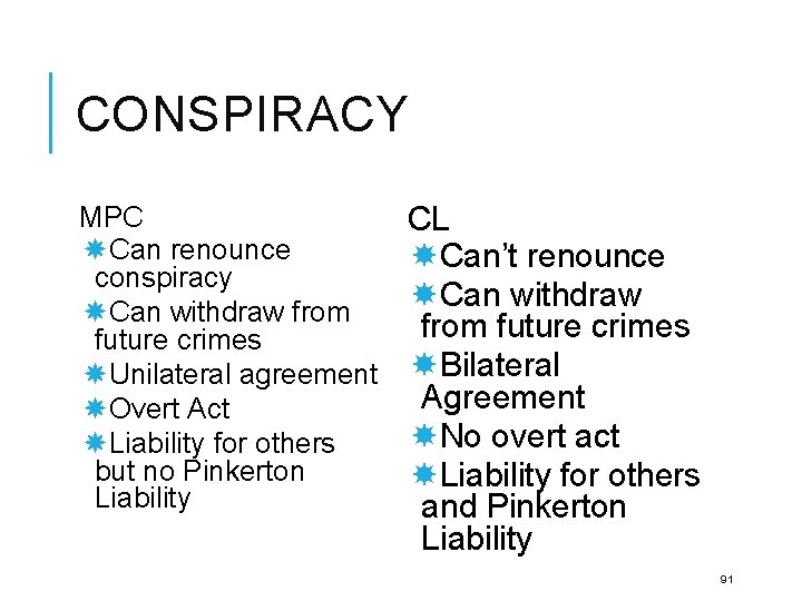 CONSPIRACY MPC CL Can renounce Can’t renounce conspiracy Can withdraw from future crimes Unilateral