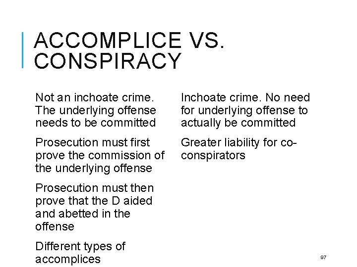 ACCOMPLICE VS. CONSPIRACY Not an inchoate crime. The underlying offense needs to be committed